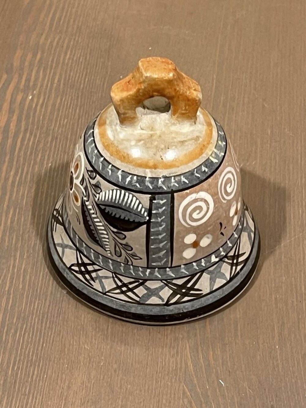 Vintage Tonala Mexican Pottery 4" Bell Hand Made Signed Jimon Folk Art w/clapper